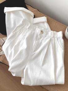 Airaco Quần ống rộng màu trơn đơn giản cho nữ - trắng - Xem 3