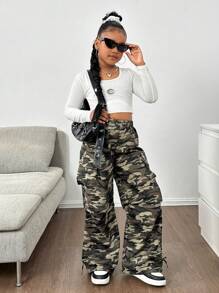 SHEIN SLAYR KIDS Tween Girls'' Loose Casual Simple & Comfortable Cargo Pocket Wide Leg Long Pants