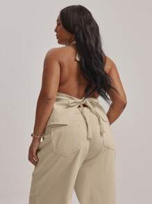 MUSERA 加大码露背深V领纽扣牛仔背心上衣（仅限上衣）毕业季性感可爱优雅假日 - 米色 - 查看 3