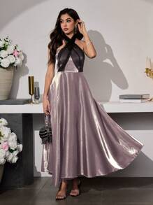 Modelyn Women's Long Metallic Wrap Tie Waist A-Line Dress - Champagne - View 3