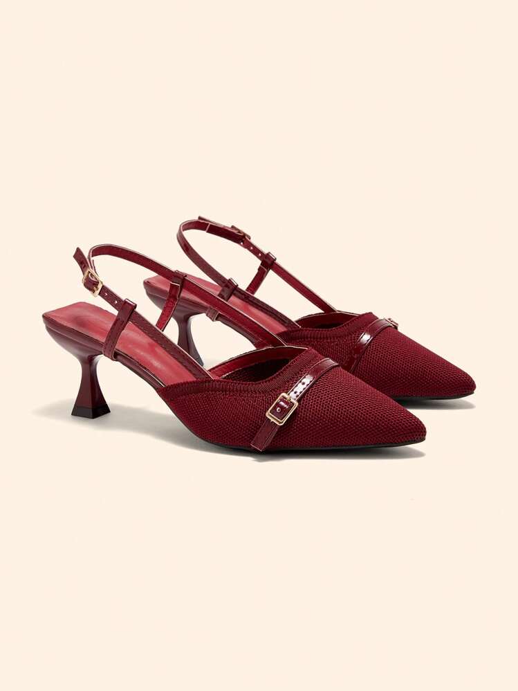CUCCOO BASICS Tacones altos de mujer de punta fina de color burdeos de punto, elegantes y transpirables, con tira trasera, zapatos de tacón para uso diario - Burdeos - Añade 5