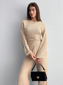 EURMUSE 女士两件套纯色圆领灯笼袖褶饰上衣和裤子，时尚 - 米色 - 查看 5