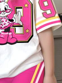 2pcs/Set Young Girl Casual Minimalist School Style Pink Tone, Cute Cartoon Rabbit Number 19 Design, Sweet & Cool Sports Inspired Tank Top & Shorts Set, Suitable For Summer Back To School Or Graduation Season