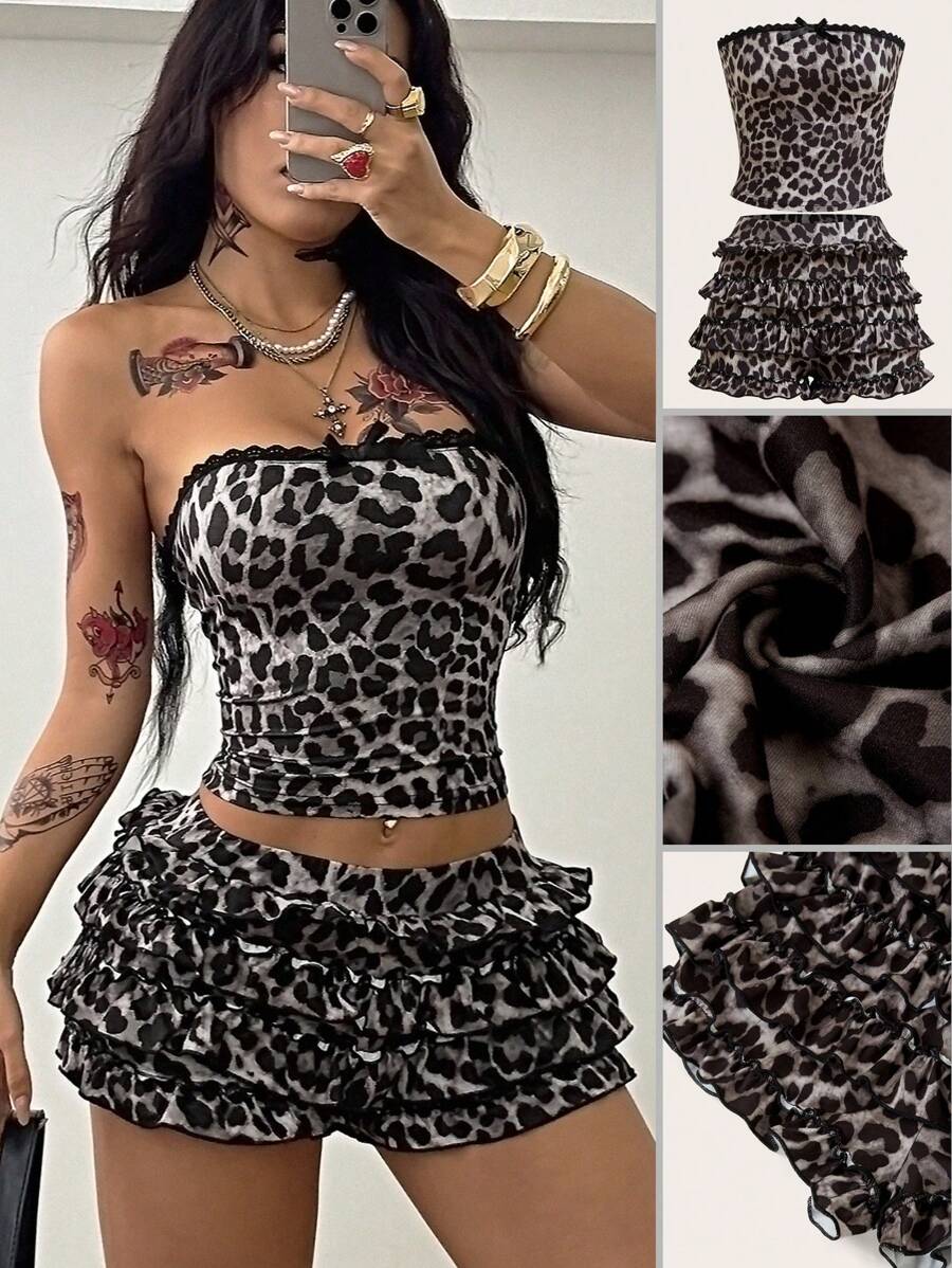 Coolane 女士夏季演唱会服装街头风 Y2K 蕾丝豹纹撞色蕾丝背心和平角鞋 2 件套 - 棕色 - 查看 1