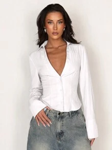 Allurite Women's Long Sleeve V-Neck Ruffle Collar Fitted Blouse Fall Cloth For Women