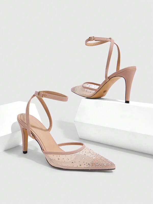 CUCCOO SZL Dames pumps met spitse neus, dunne hoge hak en transparante T-bandjes met strass steentjes in beige, sexy straatmode voor een avondje uit, een date, een feestje of de zomer.