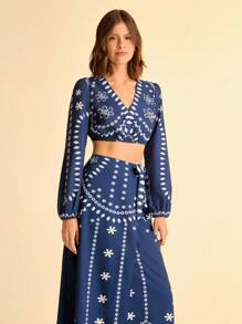 CAJUNI Falda envolvente de estilo bohemio casual de verano con estampado de totem y encaje para vacaciones de mujer, en colores azul y blanco