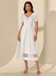 Almamuse All White Women's Elegant Lace Collar Splice  Lace Boho White Dress - White - View 1