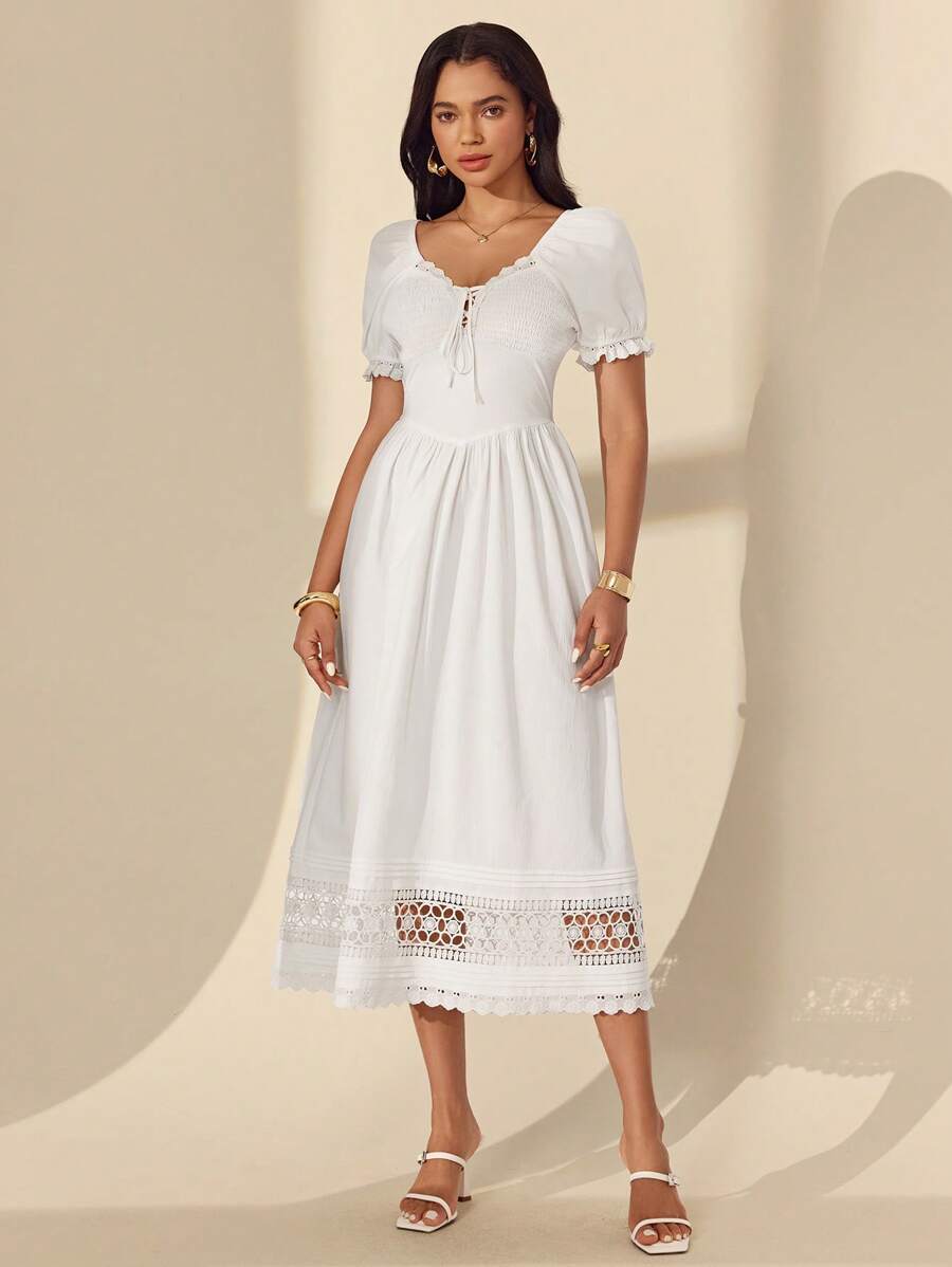 Almamuse All White Women's Elegant Lace Collar Splice  Lace Boho White Dress - White - View 1
