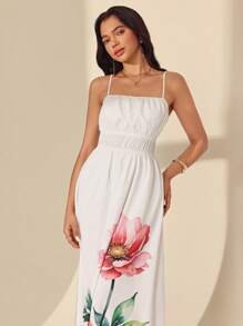 Almamuse Women's Elegant Sleeveless Placement Floral Print Dress - White - View 7