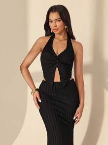 Almamuse Women's Casual Textured Halter Top And Skirt 2-Piece Set - Black - View 7