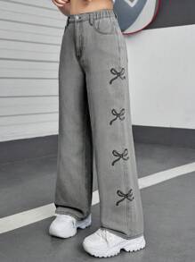 SHEIN Girls' Washed Casual Straight Jeans With Cute Butterfly Embroidery And Bow Decor, Comfortable And Versatile Fall Winter