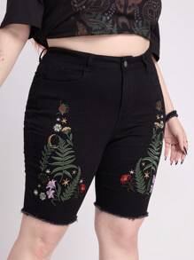 ROMWE EDITION 自然风哥特度假刺绣紧身大码牛仔短裤 - 黑色 - 查看 6