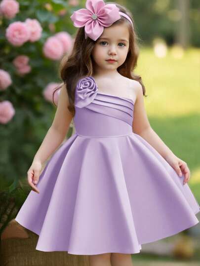 SHEIN Young Girl Pink Cute,Elegant Luxurious Shoulder 3D Floral One Shoulder Ruffle Ball Gown Short Prom Dress, Suitable For Homecoming, Birthday, Spring, Summer, Party, Cute Purple Dress. Lilac Dress For Girls
