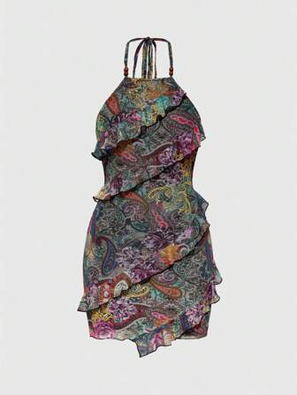 Hippie Vestido de mujer con cuello de halter sin espalda con estampado de flor de anacardo y rosa en estilo vintage hippie y Y2K