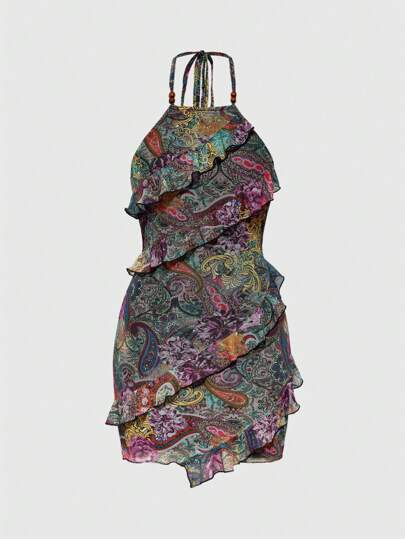 Hippie Y2K Vintage Hippie Cashew Flower & Rose Print Backless Halter Neck Women Dress