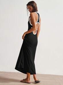 Bohemela Vestido ajustado de punto con bloques de color y espalda descubierta, estilo informal de vacaciones para mujeres - Blanco y Negro - Ver 7