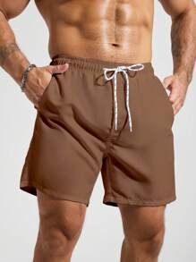Manfinity KASUA 男士纯色沙滩短裤，休闲度假 - 咖啡棕 - 查看 4