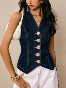 Poéselle Vintage Rose Button Denim Vest Top – Sleeveless Fitted Jean Waistcoat For Women,Denim Vest Top", Rose Button Top, Vintage Denim Vest, Sleeveless Jean Waistcoat, Fitted Denim Top, Denim Corset Top, Y2k Denim Fashion, Summer Denim Vest, Old Money, Business Casual Woman - Dark Wash - View 7