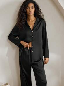 Ocili 休闲女士丝滑缎面宽松长袖上衣长裤睡衣套装，适合假日、秋冬季节穿着 - 黑色 - 查看 4