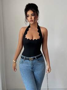 Gloray 性感度假黑色露背系带荷叶边修身女式连体泳衣