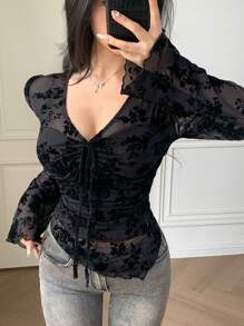 DAZY Ditsy Floral Asymmetric Hem Drawstring V-Neck Fitted Blouse With Bell Sleeves, Suitable For Spring & Summer Long Sleeve Women Tops,Fall Women Clothes