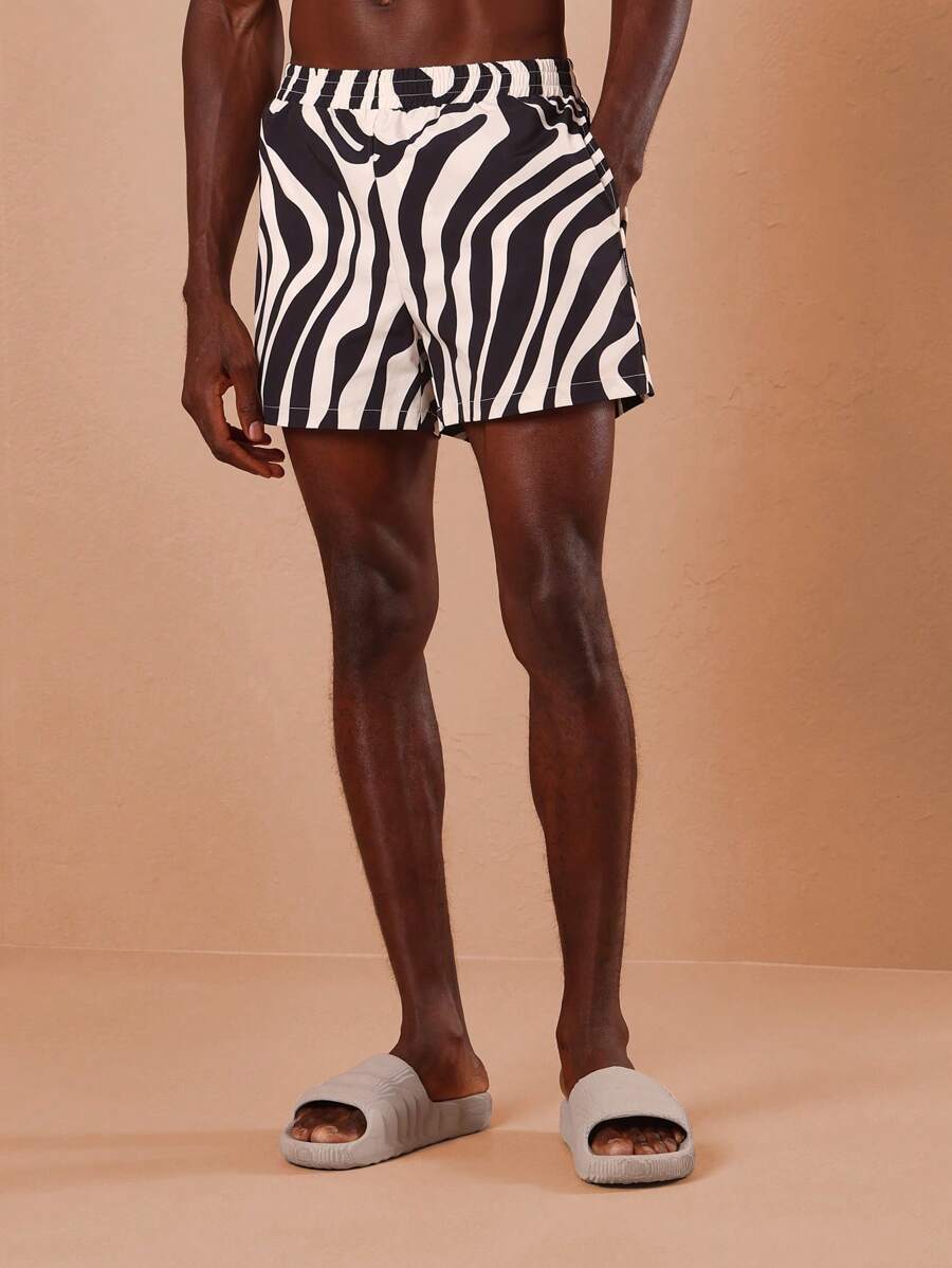 SUMWON Animal Print Summer Swim Trunks Beach Board Shorts Elastic Waist Vacation Holiday Pool Shorts - Black and White - View 1