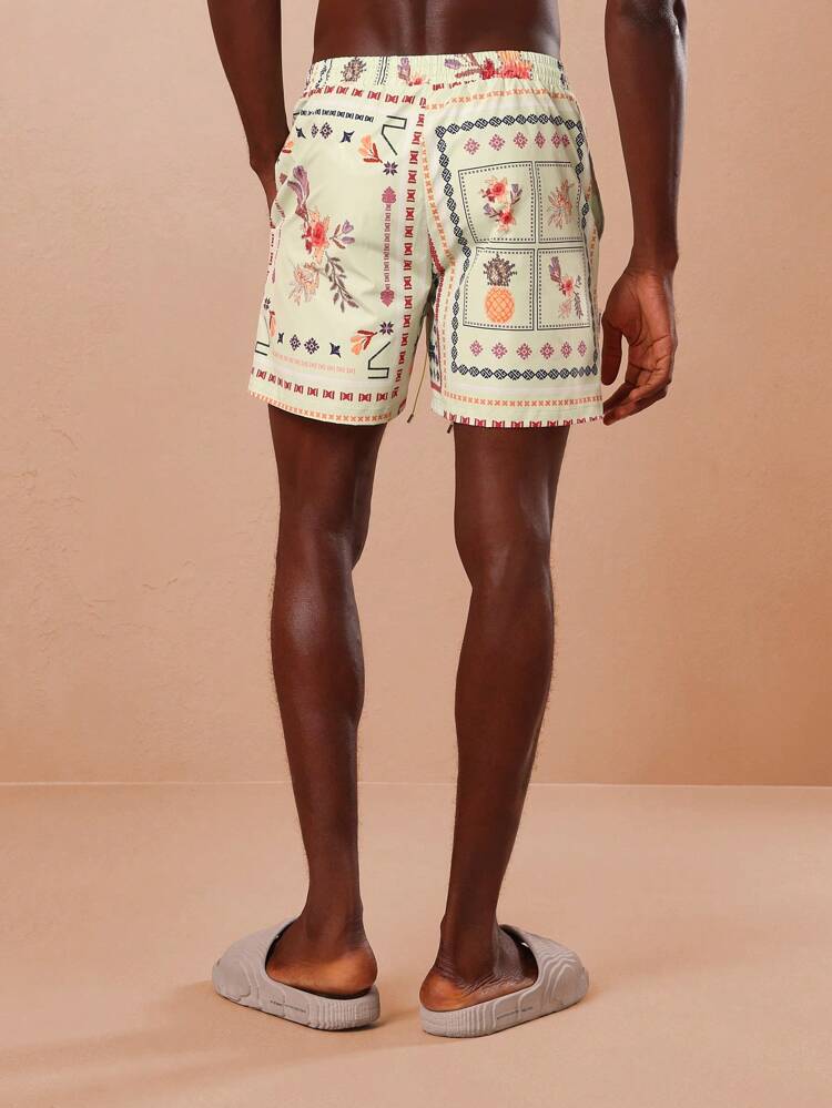 Floral Print Beach Swim Shorts Pull On Style With Pineapple Pattern