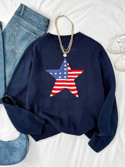 Loose Fit Crew Neck Pullover For Teen Girls, Flag Graphic Long Sleeve Casual Sweater In Blue, Red, White, Fashion Streetwear, Thermal, English Graphic Design, Sportswear, Back To School, Retro,In Fall/Winter
