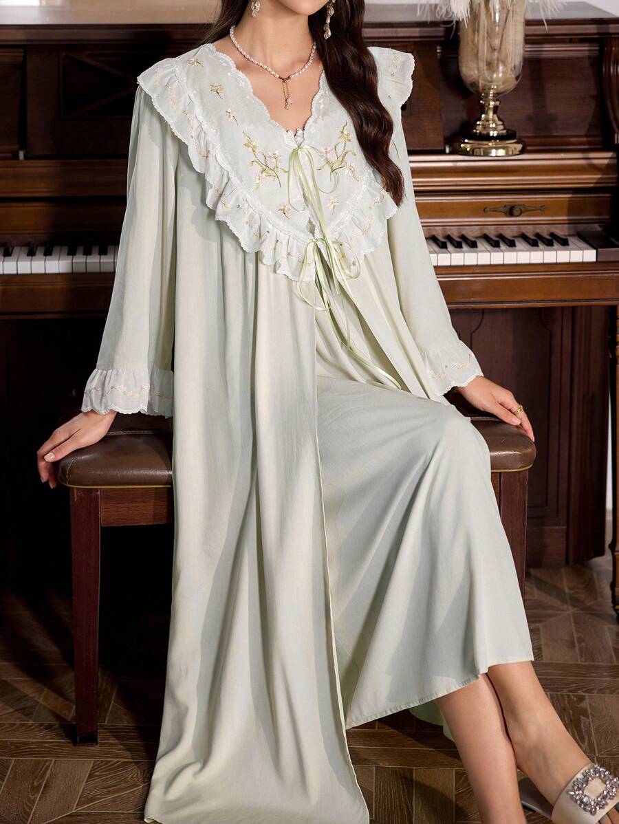 PalaceNights Floral Embroidery Patchwork Retro Palace Style Women's Camisole Nightgown And Robe Sets, Fall Clothes - Mint Green - View 1