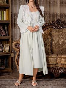 PalaceNights Floral Embroidery Patchwork Retro Palace Style Women's Camisole Nightgown And Robe Sets, Fall Clothes - Mint Green - View 4