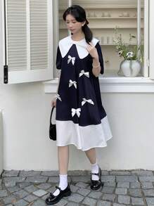 SHEIN 少女蓝白撞色宽松学院风泡泡袖中长连衣裙，撞色领，返校季，优雅，派对，节日，宴会，早午餐服装，生日场合，新年，返校节，舞会，蝴蝶结蝴蝶结连衣裙，蝴蝶结学院风连衣裙，彼得潘领连衣裙 - 藏蓝色 - 查看 6