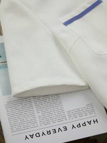 SHEIN Clasi Áo khoác mỏng cổ tròn tay ngắn đơn hàng khuy cho nữ - Xanh và trắng - Xem 3