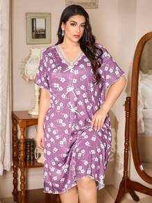 CottageSlumber Vestido de dormir de talla grande con estampado floral romántico, lazo y encaje, de seda de leche extra suave. Cómodo y relajado, vestido de dormir tipo "Moo Moo"