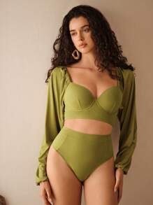 Anewsta 25SS 时尚优雅成熟奢华度假贝壳杯聚拢珍珠撞色比基尼套装 - 綠色 - 查看 6