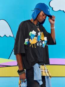 ROMWE MEN Adventure Time X ROMWE 男士不对称印花拼布短袖 T 恤，宽松短款