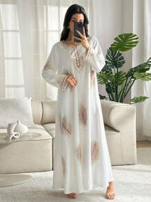 SHEIN Najma 女士优雅宽松刺绣长袍 - 白色 - 查看 3