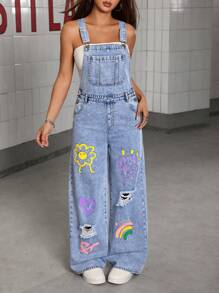 Teen GirlNew Floral, Heart, Rainbow & Graffiti Design Casual Comfortable Soft Denim Jumpsuit ,Y2k Denim Overalls