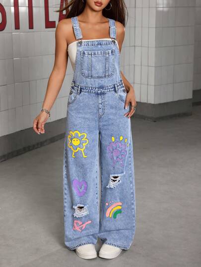SHEIN Sparklyn Bộ đồ liền thân denim mềm mại thoải mái, giản dị, thiết kế hoa, trái tim, cầu vồng và graffiti mới cho bé gái tuổi teen