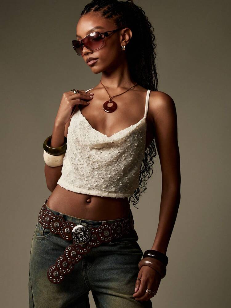 MISSGUIDED Textured Pearl Trim Cowl Neck Crop Cami Halter Top Festival Boutique Summer Beach Party Backless Evening Tank