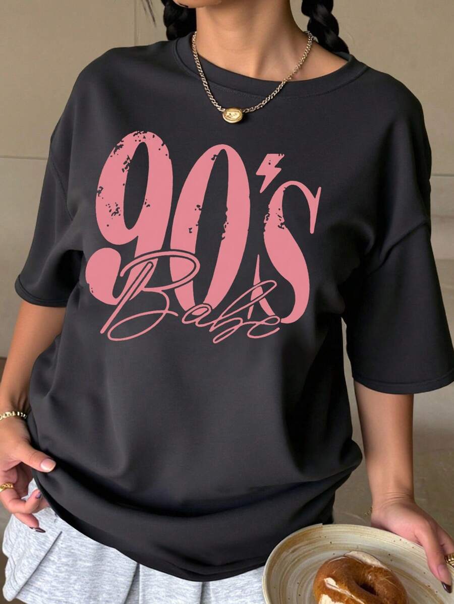 Zolique 宽松女式落肩 T 恤，简约落肩款式，时尚夏季上衣，字母印花圆领图案 T 恤女式上衣 - 灰色 - 查看 1