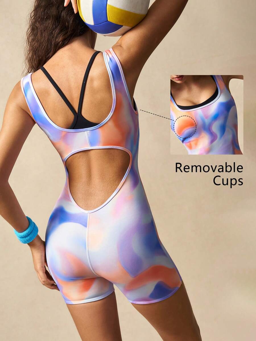 VARSIVA Gym Women Outfit Tie-Dye Print Scoop Neck Sleeveless Romper Jumpsuit - Multicolor - View 1