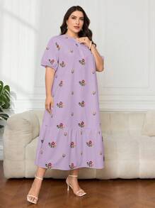 Mulvari Plus Floral Print Ruffle Hem Smock Dress For Holiday, Maxi Dress Perfect For Beach/Casual/Vacation/Homewear - Purple - View 7