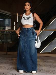 SHEIN ICON 大码女式长款 A 字形口袋休闲牛仔中长裙 - 藍色 - 查看 4