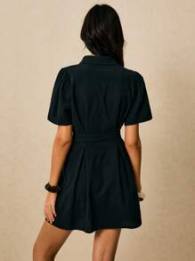 Poéselle 女式休闲纯色前扣迷你连衣裙，夏季 - 黑色 - 查看 7