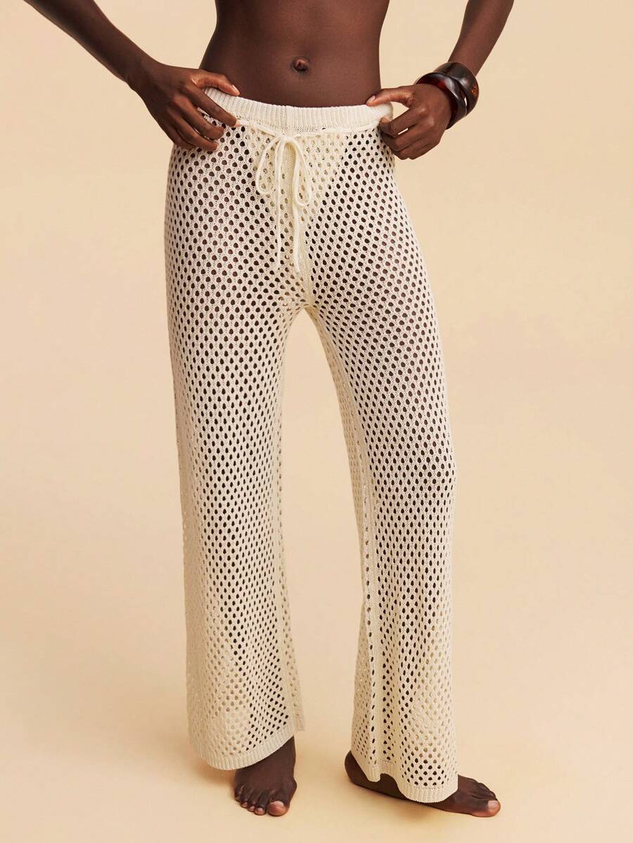 Travachic Women Solid Color Hollow Out Knitted Cover Up Pants,Beach,Summer,Vacation, Crochet - Apricot - View 1