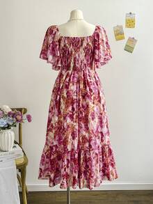 Dreamara Plusstorlek Dam Vår Alla hjärtans dag Rosa blommig chiffongklänning med fyrkantig halsringning och rynka ärmar - Multifärgad - Visa 2