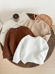 SHEIN LMoss Kids LMoss 3 件套女婴纯色可爱保暖内衬圆领长袖运动衫，秋冬 - 白色 - 查看 5