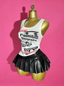 Slaydiva 2025 新款夏季休闲街头 Y2K 朋克风格辣妹风格日常约会音乐节 U 领背心无袖音乐复古唱片标语标志图案斜下摆侧高开叉白色背心 + 迷你裙百褶裙黑色 PU 裙女士两件套音乐节服装演唱会服装 Y2k 2 件套图案背心女装