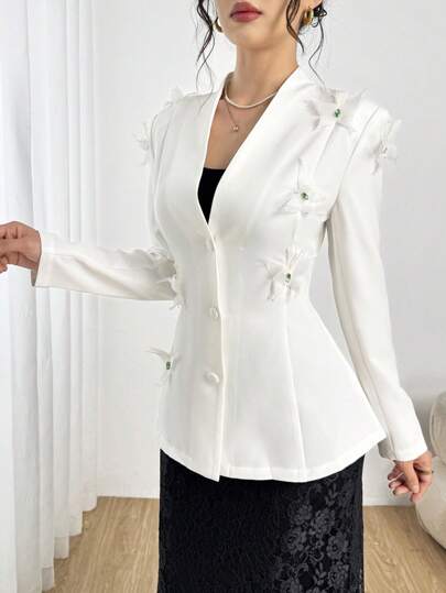 Modelyn Women's Elegant 3D Butterfly Decor Waist Cinched Long Sleeve Blazer Jacket Fall Cloth For Women